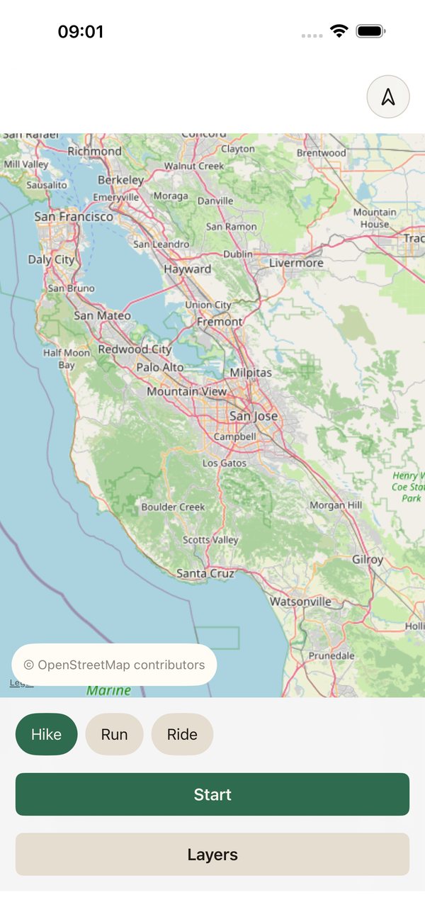 Sundre record screen: a map with Hike, Run and Ride options and a Start button.