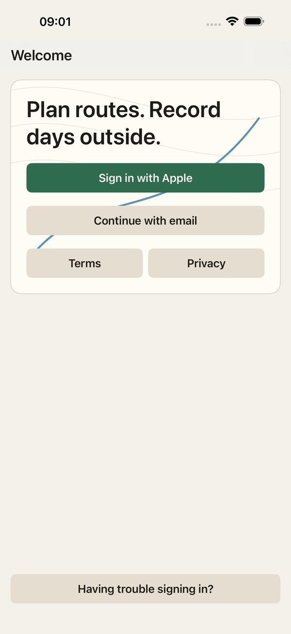 Sundre welcome screen: “Plan routes. Record days outside.” with Sign in with Apple and Continue with email.